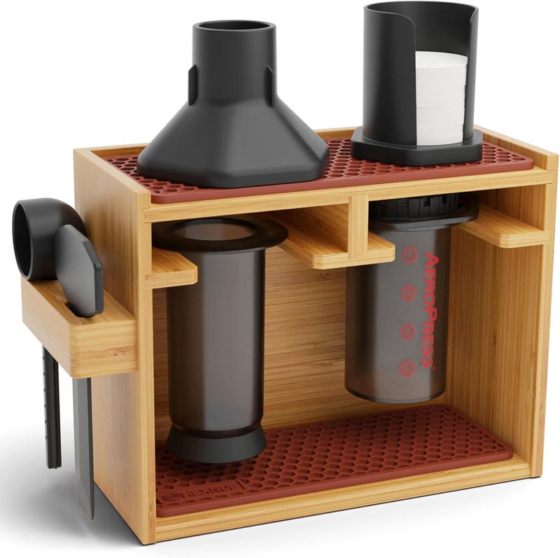 HEXNUB Store – Bamboo Organizer for AeroPress, Coffee Caddy Station Holds AeroPress Coffee Maker, Accessories, Filters, Cups, Stand includes Dripper Mats (Brown) - Image 1