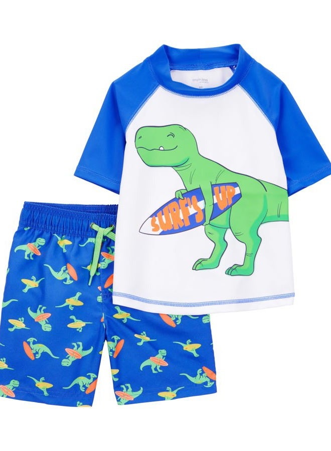 Simple Joys by Carter's Boys' Swimsuit Trunk and Rashguard Set, Blue White Dinosaur, 5T - Image 1