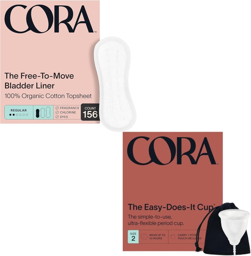 Cora Organic Feminine Care  156 Regular Bladder Liners Incontinence  Postpartum Pads and a Size 2 Menstrual Period Cup  Medical Grade Silicone  EcoConscious  Bundle Pack - Image 1