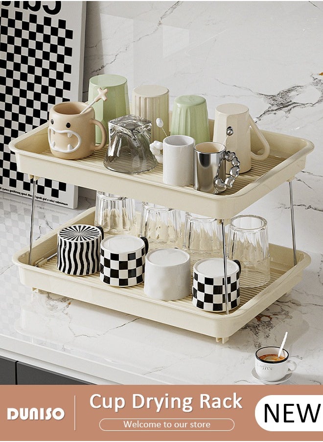 DUNISO 2 Tier Cup Drying Rack with Drain Tray, Countertop Mug Holder,Spice Rack,Water Cup Drying Rack,Cup Storage Shelf, Multi-Functional Kitchen Storage Organizer Shelf for Home, Bathroom, Kitchen Glasses, Tumbler, Teacups  - Image 1