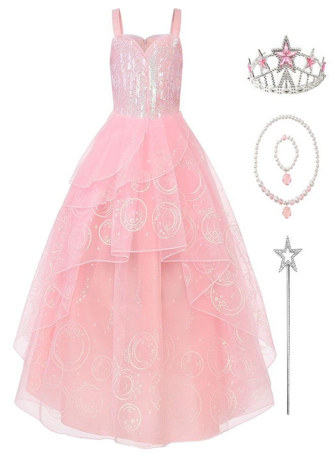 JerrisApparel Girls Princess Party Dress Pink Witch Costume Sequin Tulle Gown Dress Up (Pink, 5-6 Years/120) - Image 1