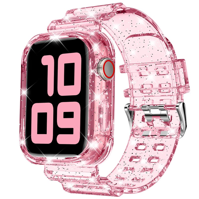 DABAOZA Compatible for Clear Apple Watch Band with Bumper Case 41mm 40mm 38mm, Women Men Glitter Bling TPU Sport Strap for iWatch SE Ultra 3 2 Series 11 10 9 8 7 6 5 4 3 2 1ï¼ˆGlitterPink,41/40/38ï¼‰ - Image 1