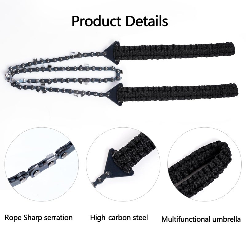 Sucrain Pocket Chainsaw With Paracord Handle  Folding Chain Hand Saw  Emergency Outdoor Survival Gear For Camping  Hunting  Hiking  Cutting Wood & Tree (Black Paracord  11 Teech  24''Long) - Image 3