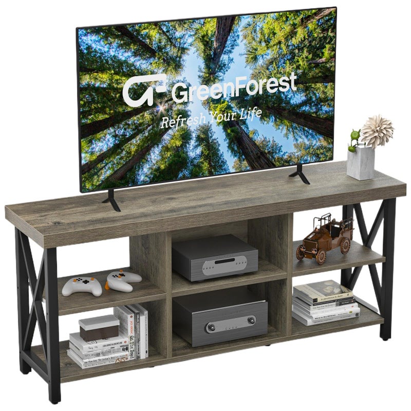 GreenForest TV Stand for TV up to 65 inches Entertainment Center with 6 Storage Cabinet for Living Room 55 inch Farmhouse Television Stands Console Table Industrial TV Stands for Living Room Gray