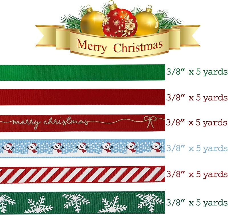 Meedee Christmas Ribbon 3/8 inch Thin Holiday Ribbon Set in Red, Green, White, Gold & Silver Color 12 Rolls 60 Yards Perfect for Gift Wrapping, Xmas Wreath Decor, Garlands, and Holiday Crafts - Image 2