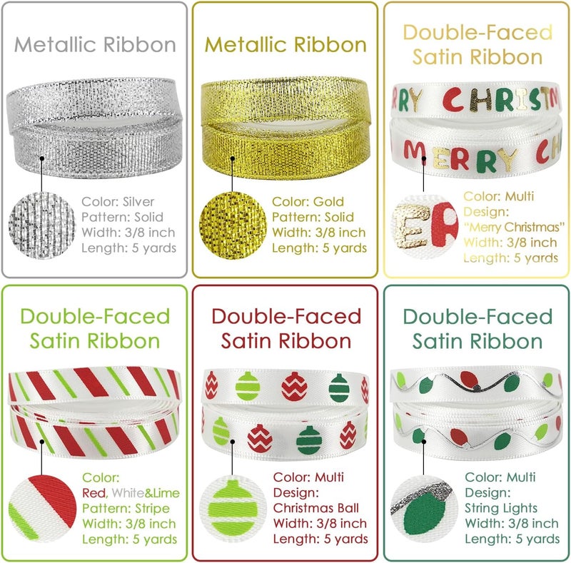 Meedee Christmas Ribbon 3/8 inch Thin Holiday Ribbon Set in Red, Green, White, Gold & Silver Color 12 Rolls 60 Yards Perfect for Gift Wrapping, Xmas Wreath Decor, Garlands, and Holiday Crafts - Image 5