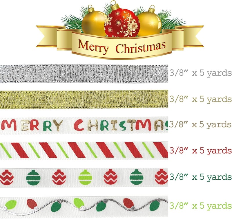 Meedee Christmas Ribbon 3/8 inch Thin Holiday Ribbon Set in Red, Green, White, Gold & Silver Color 12 Rolls 60 Yards Perfect for Gift Wrapping, Xmas Wreath Decor, Garlands, and Holiday Crafts - Image 3