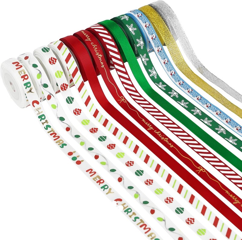 Meedee Christmas Ribbon 3/8 inch Thin Holiday Ribbon Set in Red, Green, White, Gold & Silver Color 12 Rolls 60 Yards Perfect for Gift Wrapping, Xmas Wreath Decor, Garlands, and Holiday Crafts - Image 1