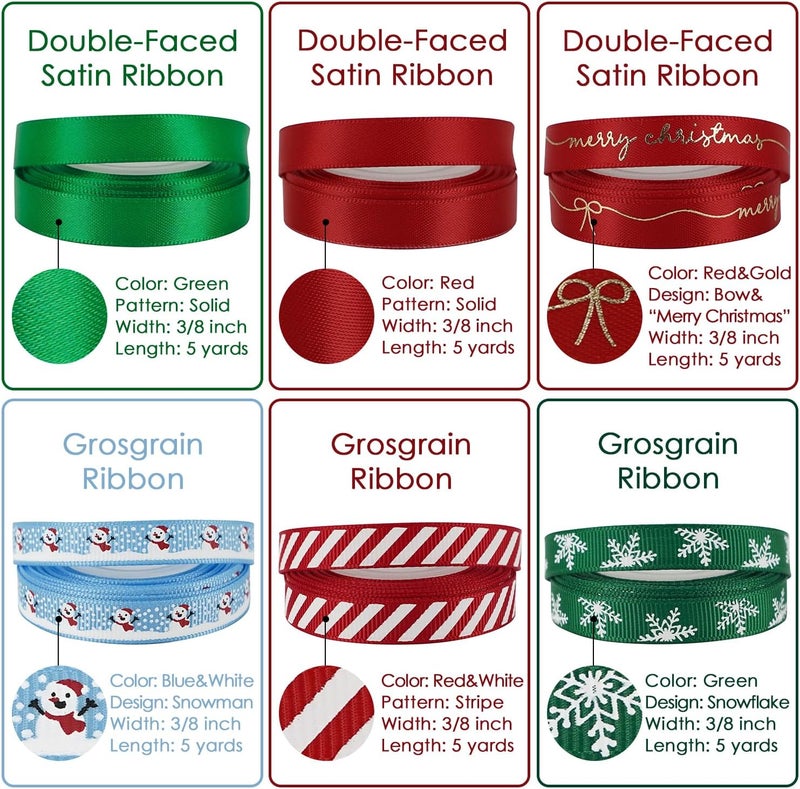 Meedee Christmas Ribbon 3/8 inch Thin Holiday Ribbon Set in Red, Green, White, Gold & Silver Color 12 Rolls 60 Yards Perfect for Gift Wrapping, Xmas Wreath Decor, Garlands, and Holiday Crafts - Image 4