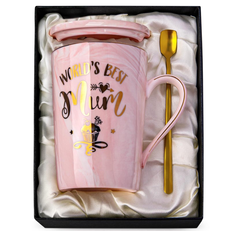 Doublewhale Mum Birthday Gifts Worlds Best Mum Coffee Mug Gifts for Mum from Daughter Son 14OZ Ceramic Coffee Cup Mum Gifts with Exquisite Box Golden Spoon Greeting Card