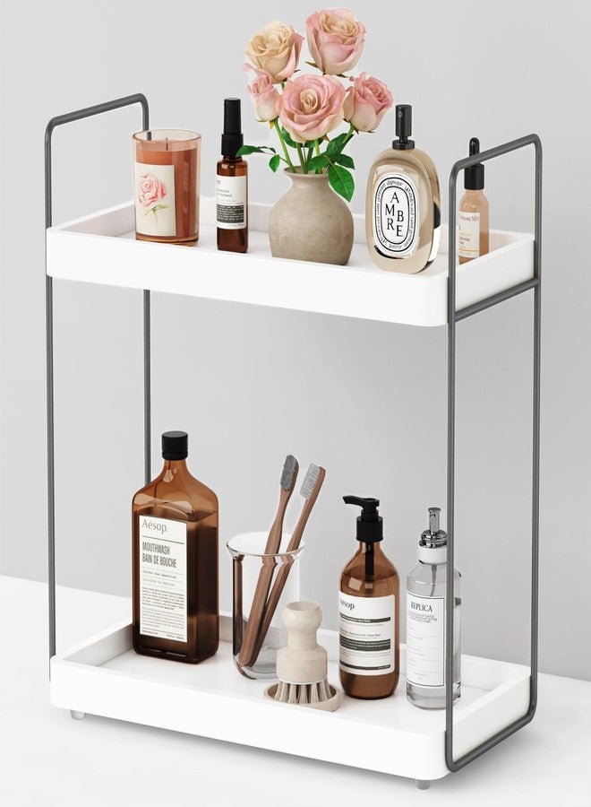 Forbena White Bathroom Organizer Countertop, Kitchen Counter Shelf Organizer for Coffee Bar Station, Makeup Vanity Organizers and Storage, Tiered Sink Tray for Perfurm Skincare (White and Grey) - Image 1