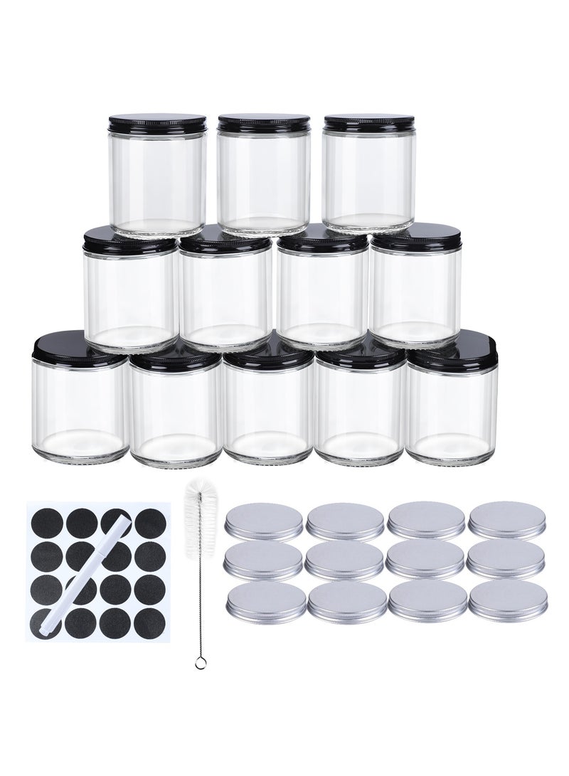 SKYLINE 12Pack 8oz Glass Jars with Black Metal Lids & Silver Aluminum Lids, Clear Round Empty Candle Containers with Airtight Lids for Food, Honey, Candy - Image 1