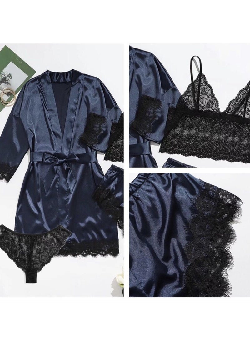 Luxury 4-Piece Women's Satin & Lace Pajama Set - Navy Blue Silky Robe with Black Lace Trim, Lace Bralette, Lace Panty & Matching Shorts, Sexy Bridal Lingerie Sleepwear for Honeymoon, Romantic Nights - Image 1