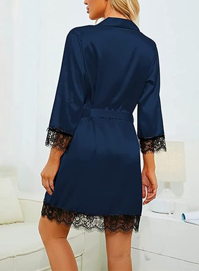 Luxury 4-Piece Women's Satin & Lace Pajama Set - Navy Blue Silky Robe with Black Lace Trim, Lace Bralette, Lace Panty & Matching Shorts, Sexy Bridal Lingerie Sleepwear for Honeymoon, Romantic Nights - Image 2