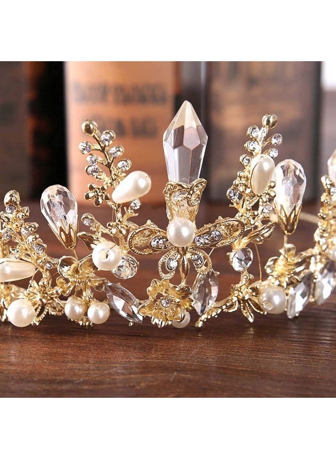 Bmirth Baroque Crown And Tiara Gold Crystal Pearl Bride Wedding Queen Crowns Decorative Princess Tiaras Rhinestone Hair Accessories For Women And Girls (A) - Image 3