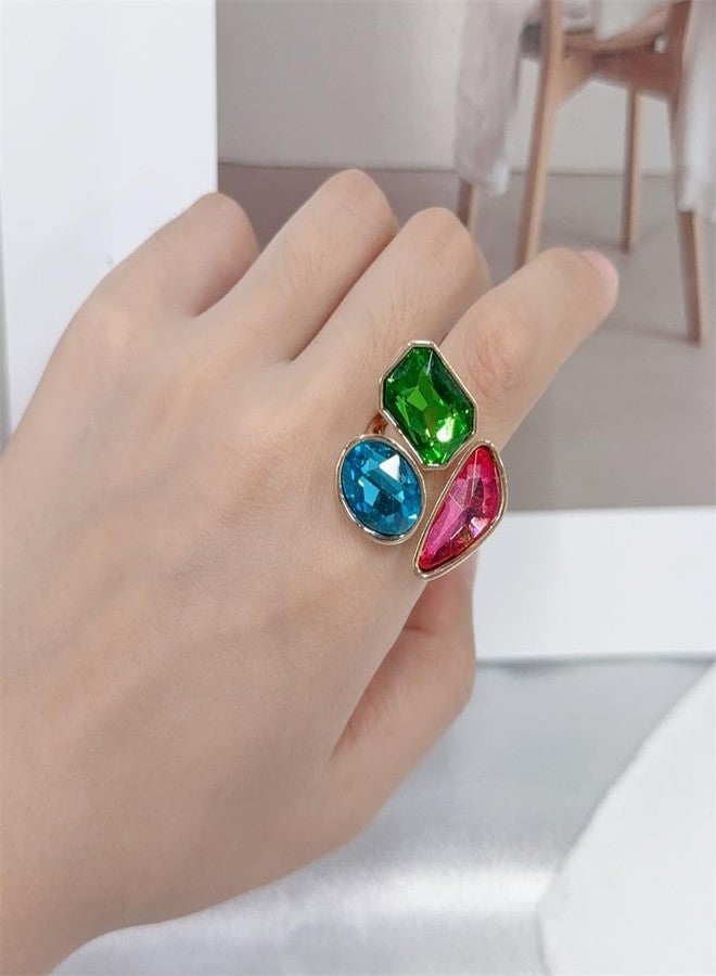 OIDIMS Fashion Tricolor Rhinestone Geometric Statement Rings for Women Adjustable Gold-Tone Plated Stacking Finger Rings Vintage Cubic Zircon Wedding Band Cocktail Party Boho Jewelry Accessories - Image 3