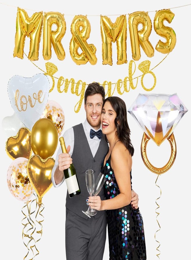 ANTING Sparkly Gold Engagement Decorations - Engaged Banner, Cake Decorations, Confetti, Ring Balloons for Wedding Party Decor - Image 2