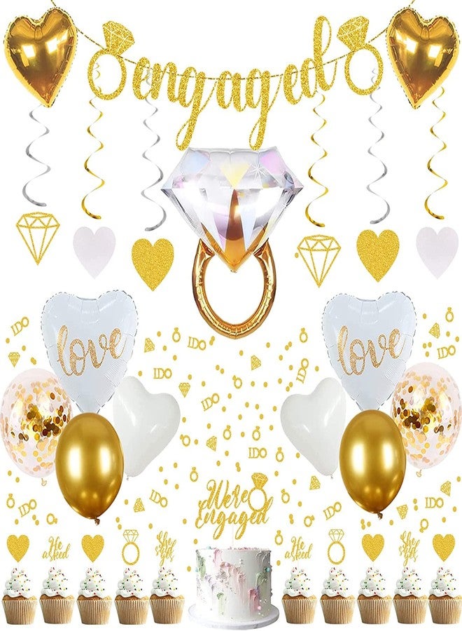 ANTING Sparkly Gold Engagement Decorations - Engaged Banner, Cake Decorations, Confetti, Ring Balloons for Wedding Party Decor - Image 1