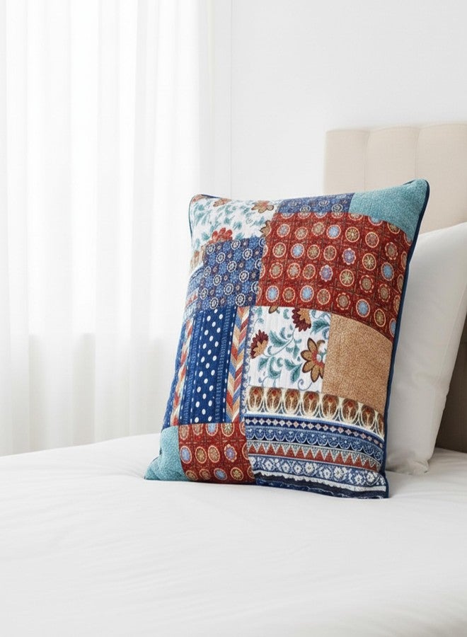 DaDa Bedding Mediterranean Patchwork Floral Euro Pillow Sham - Colorful Rustic Bohemian Vibes Garden Botanical - Bright Navy Blue & Brick Red Orange Brown - 26" x 26" - Image 1