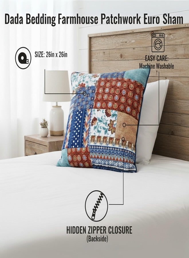 DaDa Bedding Mediterranean Patchwork Floral Euro Pillow Sham - Colorful Rustic Bohemian Vibes Garden Botanical - Bright Navy Blue & Brick Red Orange Brown - 26" x 26" - Image 3