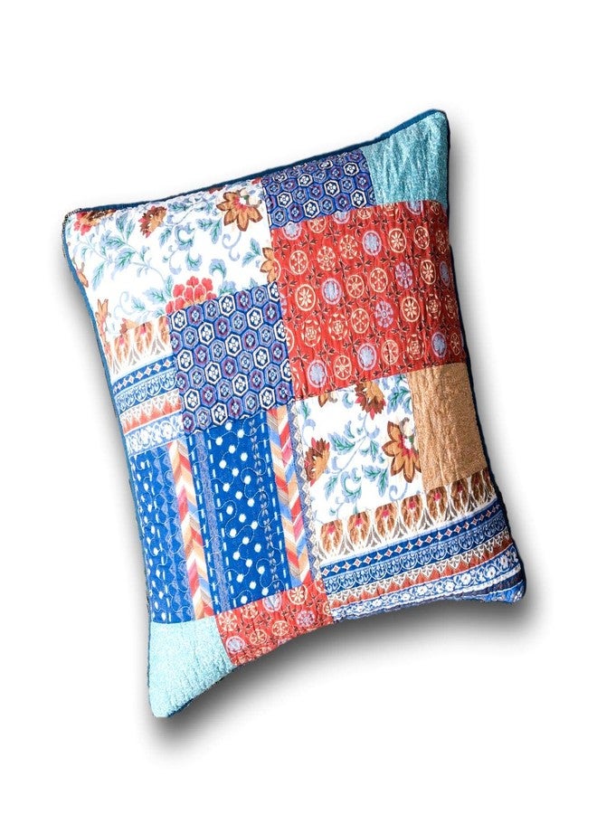 DaDa Bedding Mediterranean Patchwork Floral Euro Pillow Sham - Colorful Rustic Bohemian Vibes Garden Botanical - Bright Navy Blue & Brick Red Orange Brown - 26" x 26" - Image 4