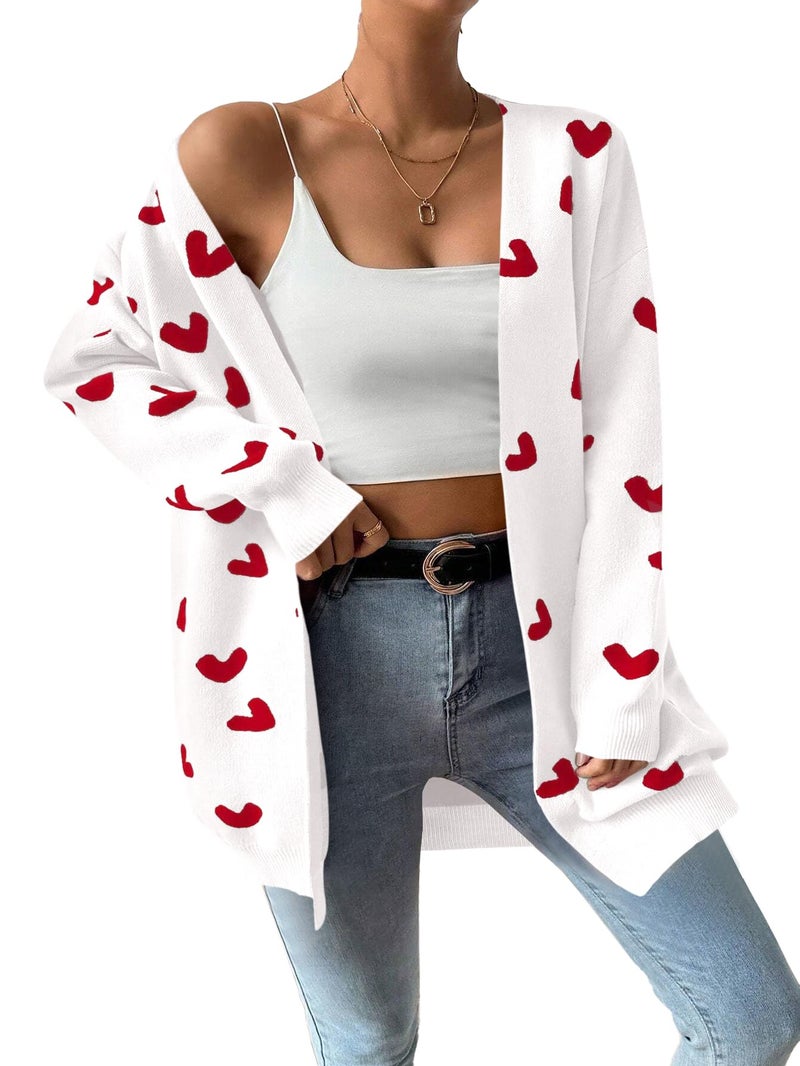 SECRETEYARD Womens Cute Heart Cardigans Oversized Long Sleeve Open Front Knit Sweaters White - Image 1