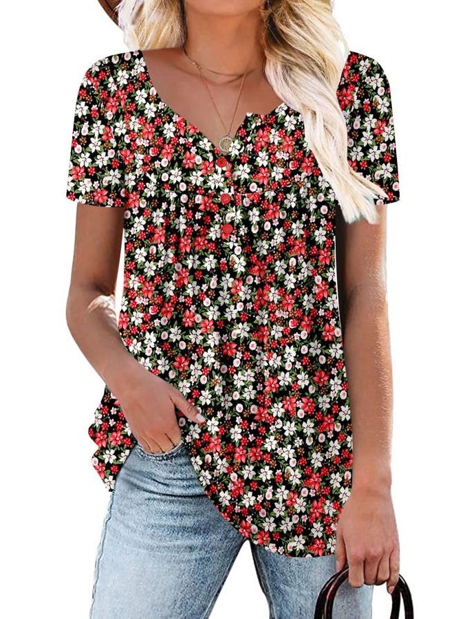 ROSELINLIN Womens Short Sleeve Shirts V Neck Blouse Button Shirts Casual Summer Tops S-3XL, Redwhite, XL - Image 1