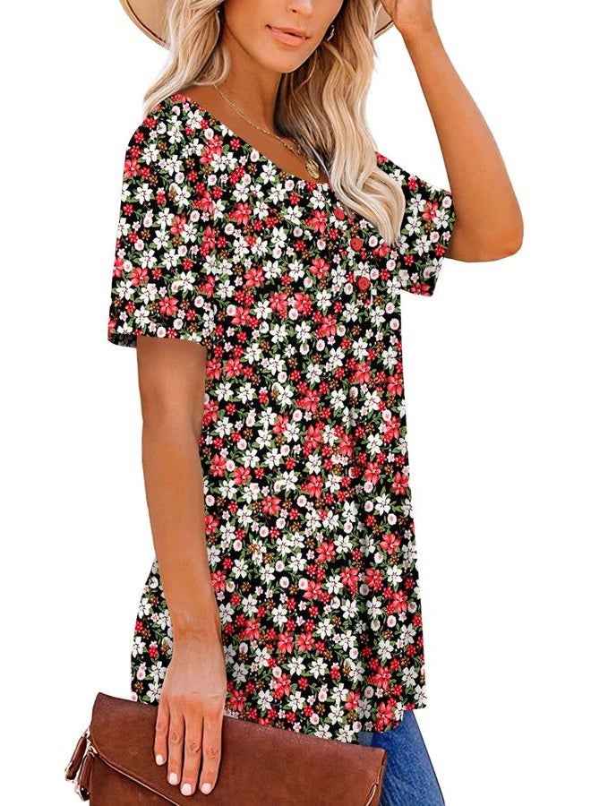ROSELINLIN Womens Short Sleeve Shirts V Neck Blouse Button Shirts Casual Summer Tops S-3XL, Redwhite, XL - Image 3