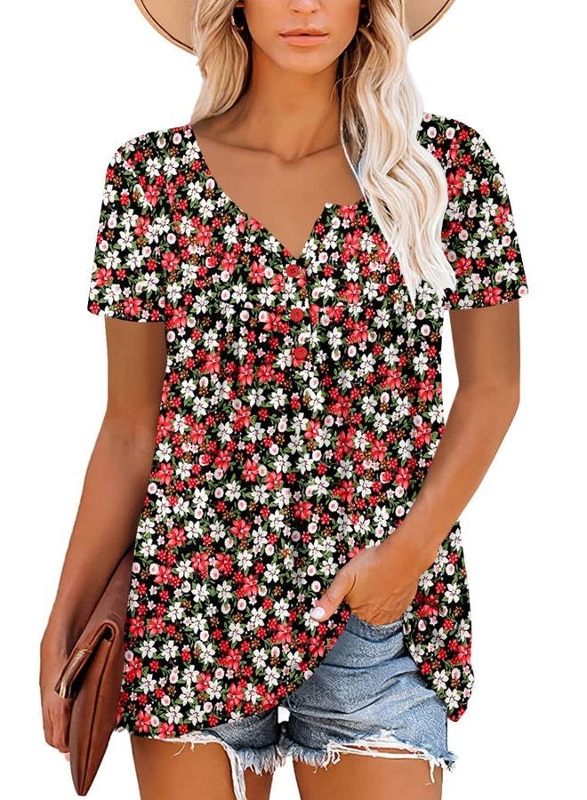 ROSELINLIN Womens Short Sleeve Shirts V Neck Blouse Button Shirts Casual Summer Tops S-3XL, Redwhite, XL - Image 2