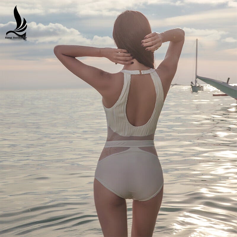 Sanqi One-Piece Swimsuit for Women, Conservative Triangle-Shaped Sexy Retro Slimming Tummy-Covering Sports Hot Spring Swimwear 18091 Off-White M - Image 3