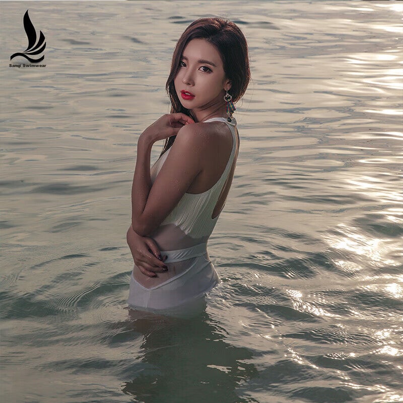 Sanqi One-Piece Swimsuit for Women, Conservative Triangle-Shaped Sexy Retro Slimming Tummy-Covering Sports Hot Spring Swimwear 18091 Off-White M - Image 4