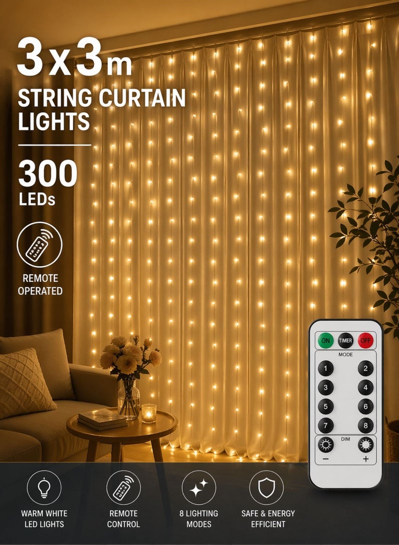 Zaprus 300 LED Fairy Curtain Lights USB Plug In, 8 Modes Fairy String Lights with Remote Controller, 3x3M Curtain Lights for Bedroom Indoor Outdoor Wedding Party Decoration - Image 1