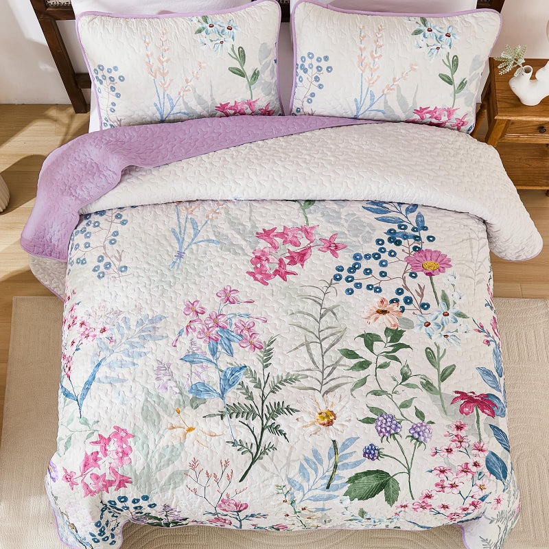 Yiran Floral Quilt Set Queen Size, Purple Botanical Bedspreads Bedding Set, 3 Pieces Summer Soft Lightweight Microfiber Coverlet with 2 Pillow Shams for All Season 96x90 Inch - Image 4