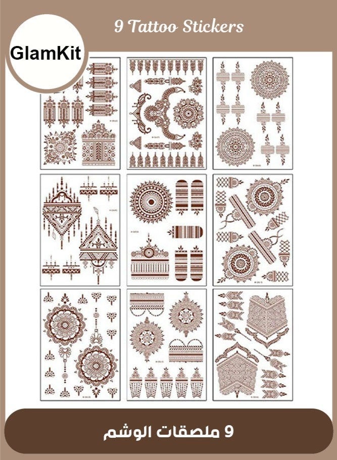 GlamKit 9-Piece Henna Hand Waterproof Temporary Semi-Permanent Stickers - Image 1