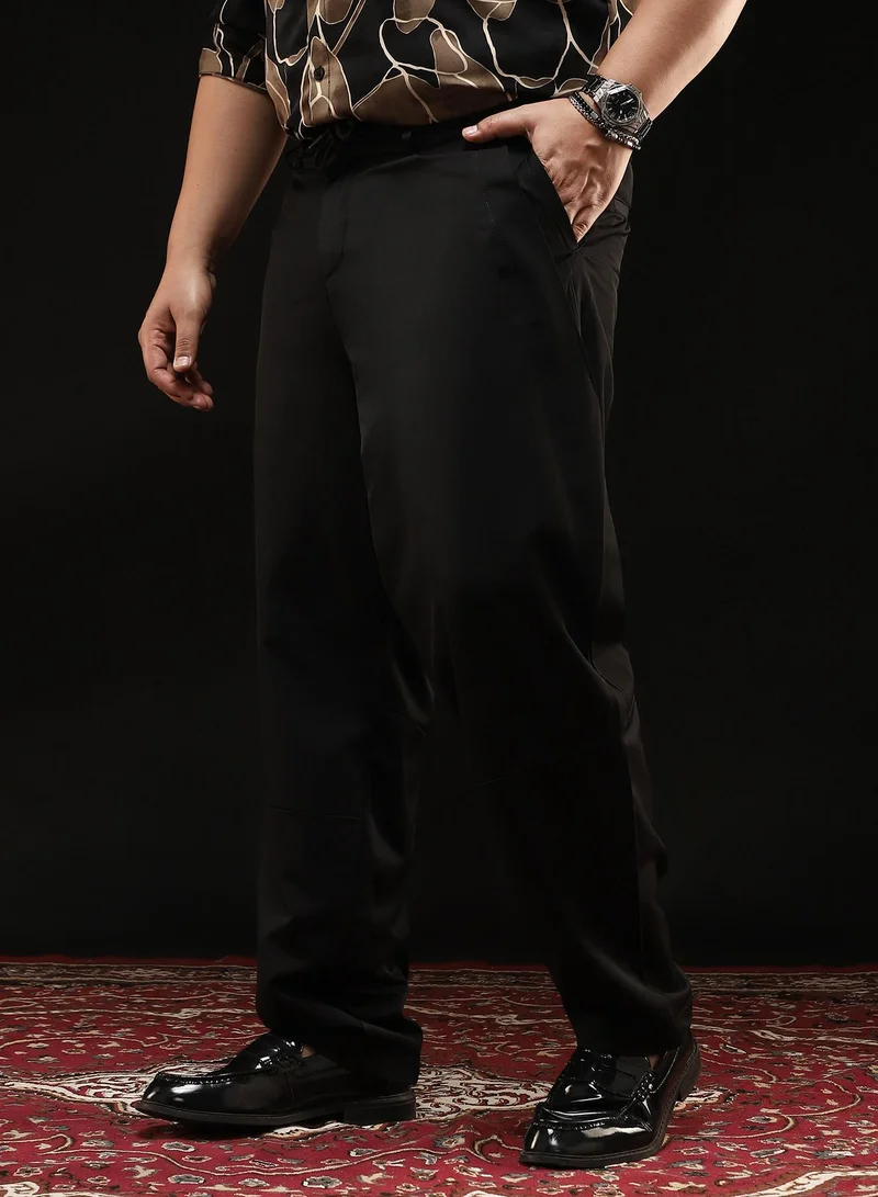 Instafab Plus  Instafab Plus Men's Onyx Black Panelled Chino Trousers | Mid-Rise , Straight Hem , Button Closure | Solid Plain Polyester Blend Material For Street & Casual Wear for Men | Best Price UAE