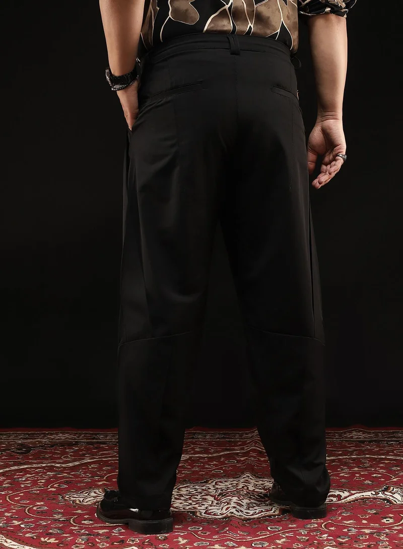 Instafab Plus  Instafab Plus Men's Onyx Black Panelled Chino Trousers | Mid-Rise , Straight Hem , Button Closure | Solid Plain Polyester Blend Material For Street & Casual Wear for Men | Best Price UAE