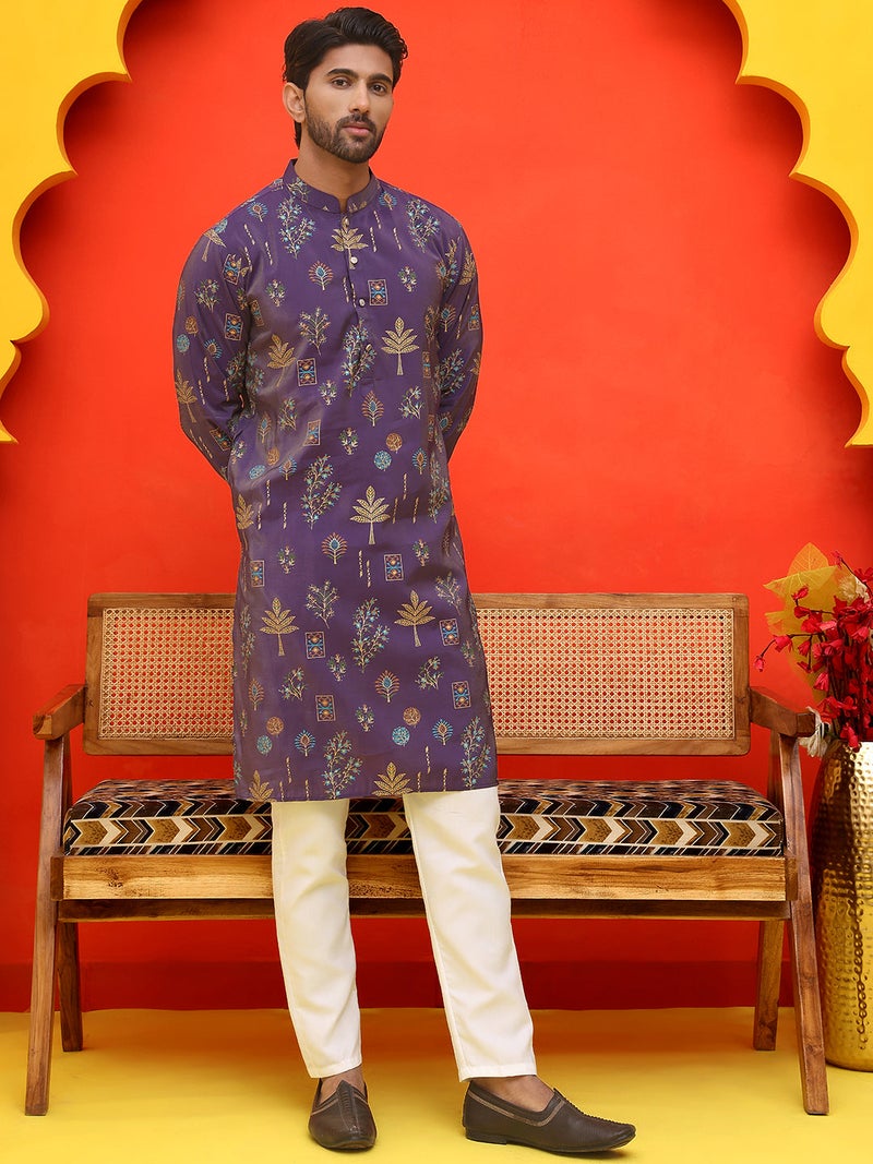 PRASHA Printed Silk Blend Straight Kurta Set ( JOKP P 5218 Purple ) - Image 1
