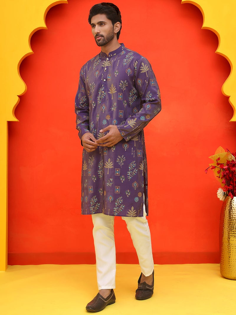PRASHA Printed Silk Blend Straight Kurta Set ( JOKP P 5218 Purple ) - Image 2