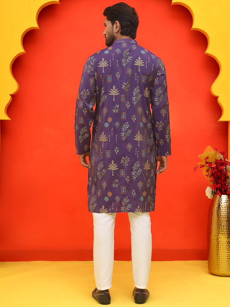 PRASHA Printed Silk Blend Straight Kurta Set ( JOKP P 5218 Purple ) - Image 3