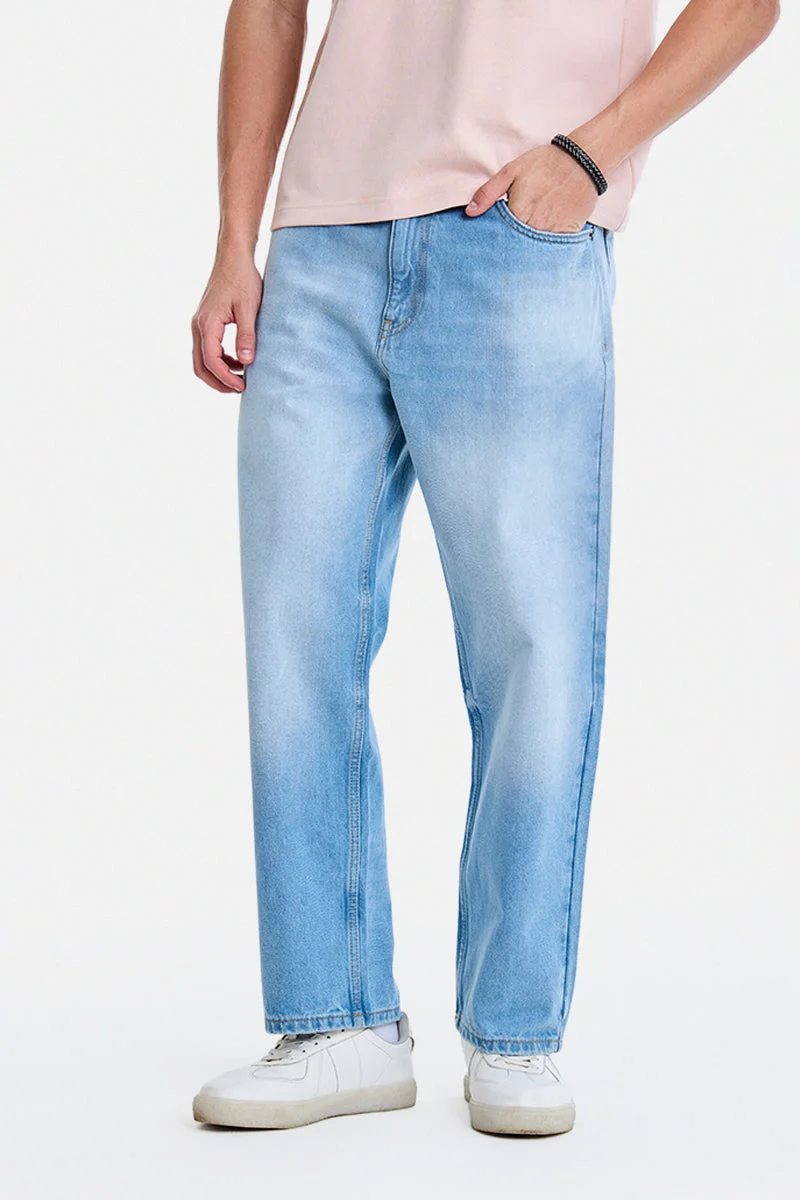 سنيتش Light Blue Solid Wide Leg Streetwear Jeans