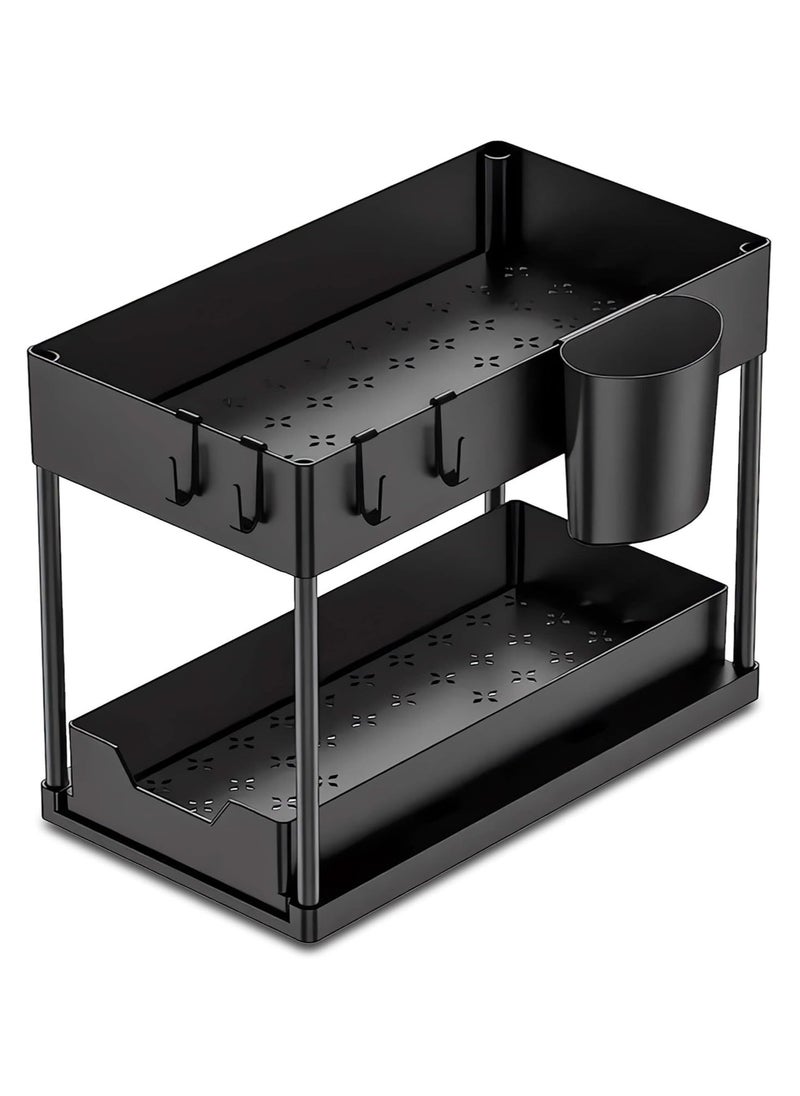Raxoom 2 Tier Kitchen Sink Organizer with Hooks ,Sink Organizers and Kitchen Storage Sliding Drawer, , Under Bathroom Cabinet Organizer Sink Shelf Storage Rack for Laundry –Black  - Image 2