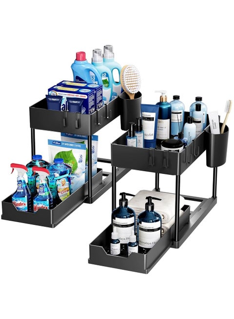 2 Tier Kitchen Sink Organizer with Hooks ,Sink Organizers and Kitchen Storage Sliding Drawer, , Under Bathroom Cabinet Organizer Sink Shelf Storage Rack for Laundry –Black