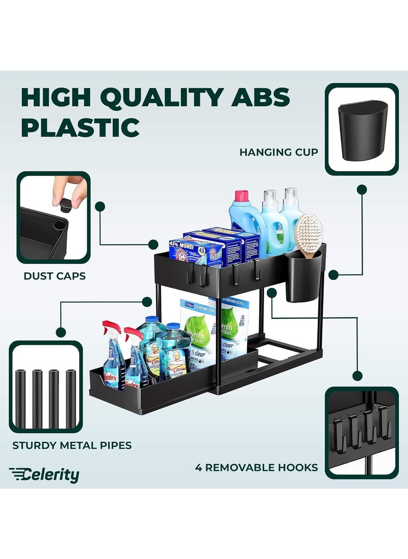 Raxoom 2 Tier Kitchen Sink Organizer with Hooks ,Sink Organizers and Kitchen Storage Sliding Drawer, , Under Bathroom Cabinet Organizer Sink Shelf Storage Rack for Laundry –Black  - Image 4
