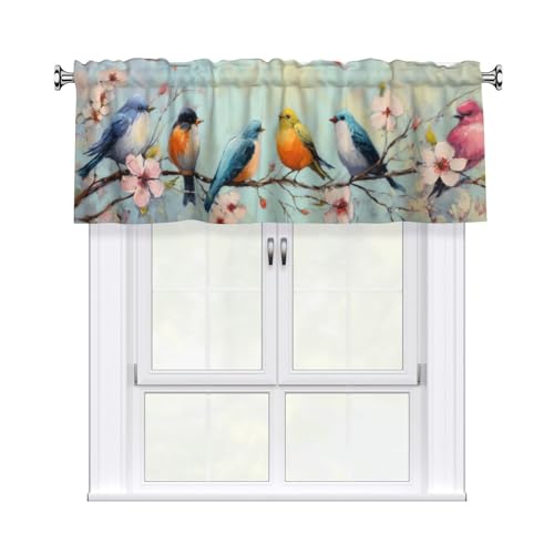 Worltoldb Spring Floral Bird Curtain Valance Short Rod Pocket Window Treatment for Living Room Bedroom Kitchen Bathroom 1 Panel 54" W x 18" L - Image 1