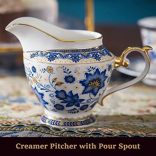 ACMLIFE Tea Set for Adults, Vintage Tea Sets, Bone China Tea Set, Tea Cup Set Porcelain Tea Set for 6, Floral Tea Cup Set With Teapot, 21 Pieces Tea Party Sets for Women Gift，Mother's Day (Blue) - Image 5