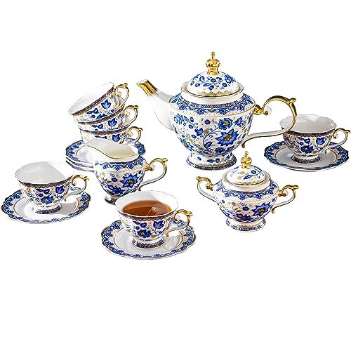 ACMLIFE Tea Set for Adults, Vintage Tea Sets, Bone China Tea Set, Tea Cup Set Porcelain Tea Set for 6, Floral Tea Cup Set With Teapot, 21 Pieces Tea Party Sets for Women Gift，Mother's Day (Blue) - Image 1