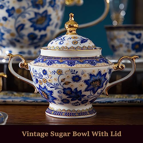 ACMLIFE Tea Set for Adults, Vintage Tea Sets, Bone China Tea Set, Tea Cup Set Porcelain Tea Set for 6, Floral Tea Cup Set With Teapot, 21 Pieces Tea Party Sets for Women Gift，Mother's Day (Blue) - Image 4