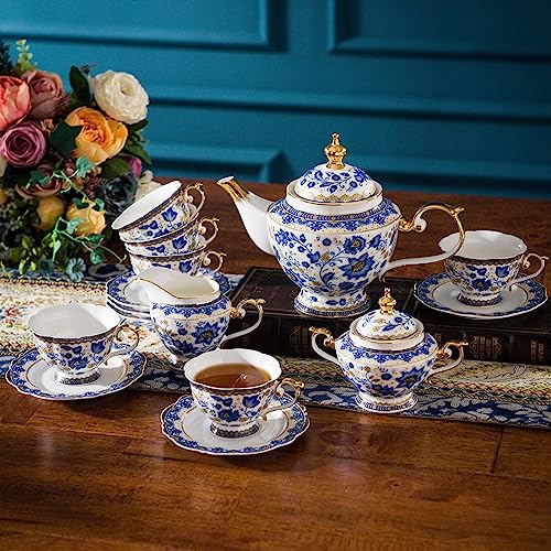 ACMLIFE Tea Set for Adults, Vintage Tea Sets, Bone China Tea Set, Tea Cup Set Porcelain Tea Set for 6, Floral Tea Cup Set With Teapot, 21 Pieces Tea Party Sets for Women Gift，Mother's Day (Blue) - Image 2