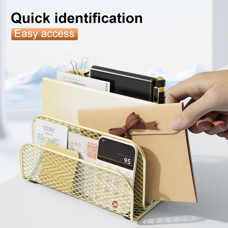 gianotter Mail Organizer Countertop, Metal File Holder with 3-Slot, Gold Desk Accessories for Office (Gold) - Image 3