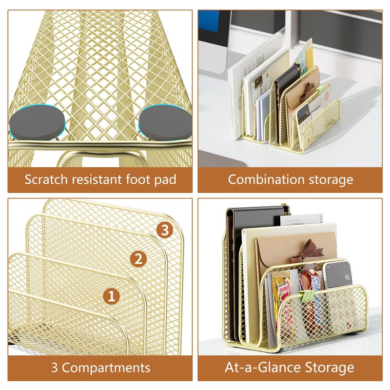 gianotter Mail Organizer Countertop, Metal File Holder with 3-Slot, Gold Desk Accessories for Office (Gold) - Image 4